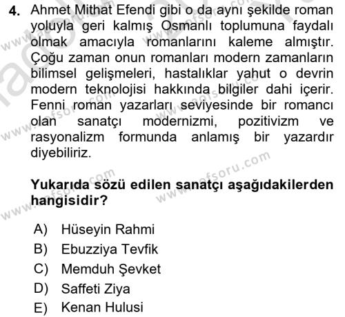 2. Abdülhamit Dönemi Türk Edebiyatı Dersi 2021 - 2022 Yılı Yaz Okulu Sınavı 4. Soru