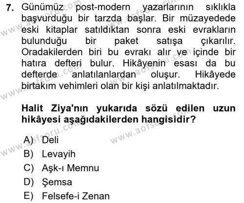 2. Abdülhamit Dönemi Türk Edebiyatı Dersi 2021 - 2022 Yılı Yaz Okulu Sınavı 7. Soru