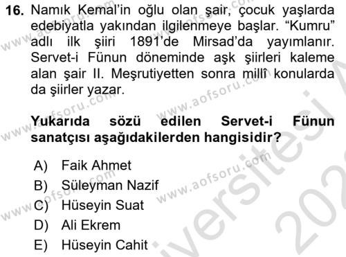 2. Abdülhamit Dönemi Türk Edebiyatı Dersi 2022 - 2023 Yılı (Vize) Ara Sınavı 16. Soru