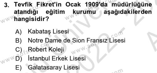 2. Abdülhamit Dönemi Türk Edebiyatı Dersi 2022 - 2023 Yılı (Vize) Ara Sınavı 3. Soru