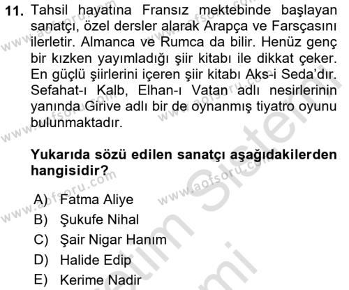 2. Abdülhamit Dönemi Türk Edebiyatı Dersi 2022 - 2023 Yılı (Final) Dönem Sonu Sınavı 11. Soru