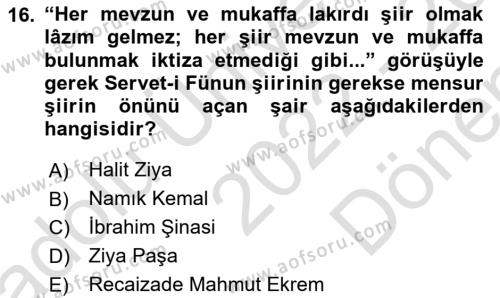 2. Abdülhamit Dönemi Türk Edebiyatı Dersi 2022 - 2023 Yılı (Final) Dönem Sonu Sınavı 16. Soru