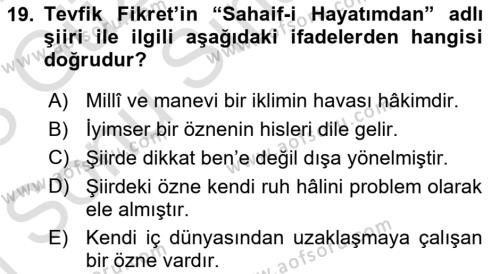 2. Abdülhamit Dönemi Türk Edebiyatı Dersi 2022 - 2023 Yılı (Final) Dönem Sonu Sınavı 19. Soru