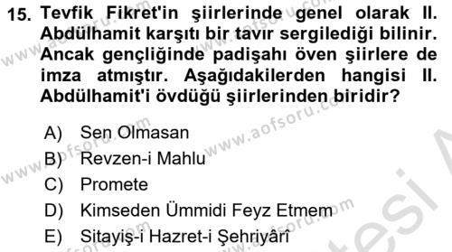 2. Abdülhamit Dönemi Türk Edebiyatı Dersi 2022 - 2023 Yılı Yaz Okulu Sınavı 15. Soru