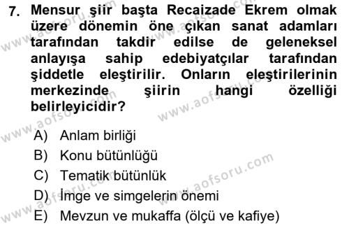 2. Abdülhamit Dönemi Türk Edebiyatı Dersi 2022 - 2023 Yılı Yaz Okulu Sınavı 7. Soru