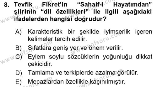 2. Abdülhamit Dönemi Türk Edebiyatı Dersi 2022 - 2023 Yılı Yaz Okulu Sınavı 8. Soru