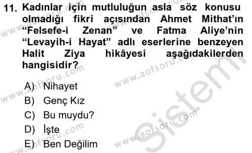 2. Abdülhamit Dönemi Türk Edebiyatı Dersi 2023 - 2024 Yılı (Vize) Ara Sınavı 11. Soru