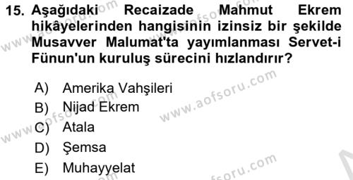 2. Abdülhamit Dönemi Türk Edebiyatı Dersi 2023 - 2024 Yılı (Vize) Ara Sınavı 15. Soru