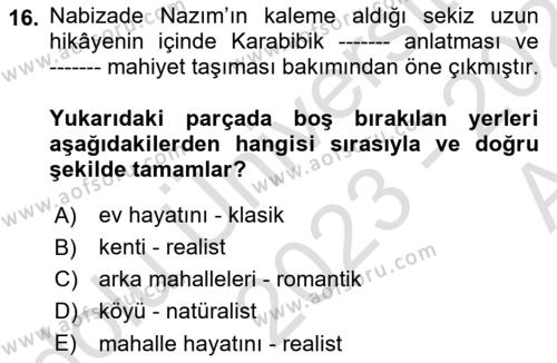 2. Abdülhamit Dönemi Türk Edebiyatı Dersi 2023 - 2024 Yılı (Vize) Ara Sınavı 16. Soru