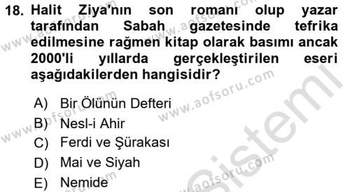 2. Abdülhamit Dönemi Türk Edebiyatı Dersi 2023 - 2024 Yılı (Vize) Ara Sınavı 18. Soru