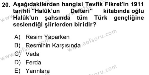 2. Abdülhamit Dönemi Türk Edebiyatı Dersi 2023 - 2024 Yılı (Vize) Ara Sınavı 20. Soru