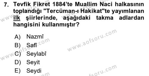 2. Abdülhamit Dönemi Türk Edebiyatı Dersi 2023 - 2024 Yılı (Vize) Ara Sınavı 7. Soru