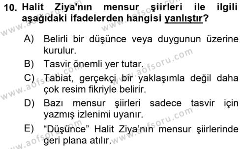 2. Abdülhamit Dönemi Türk Edebiyatı Dersi 2023 - 2024 Yılı Yaz Okulu Sınavı 10. Soru