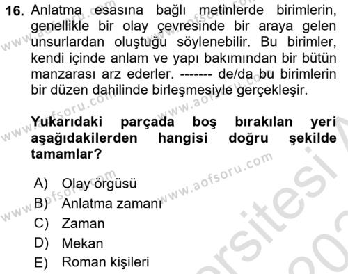 2. Abdülhamit Dönemi Türk Edebiyatı Dersi 2023 - 2024 Yılı Yaz Okulu Sınavı 16. Soru