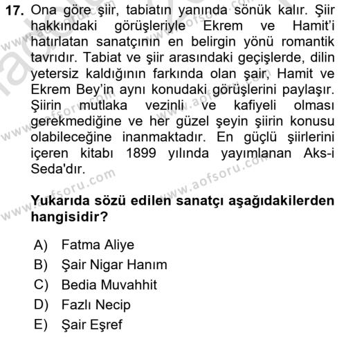 2. Abdülhamit Dönemi Türk Edebiyatı Dersi 2023 - 2024 Yılı Yaz Okulu Sınavı 17. Soru