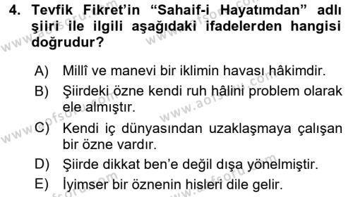 2. Abdülhamit Dönemi Türk Edebiyatı Dersi 2023 - 2024 Yılı Yaz Okulu Sınavı 4. Soru