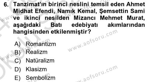 2. Abdülhamit Dönemi Türk Edebiyatı Dersi 2023 - 2024 Yılı Yaz Okulu Sınavı 6. Soru