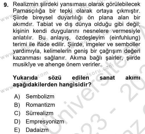 2. Abdülhamit Dönemi Türk Edebiyatı Dersi 2023 - 2024 Yılı Yaz Okulu Sınavı 9. Soru