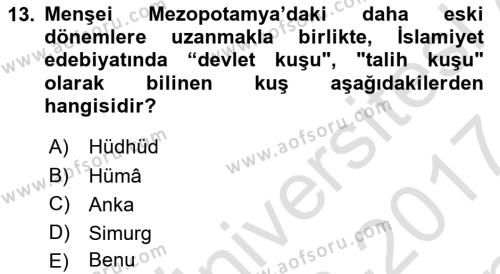 Türk Edebiyatının Mitolojik Kaynakları Dersi 2016 - 2017 Yılı (Final) Dönem Sonu Sınavı 13. Soru