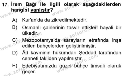 Türk Edebiyatının Mitolojik Kaynakları Dersi 2021 - 2022 Yılı (Final) Dönem Sonu Sınavı 17. Soru