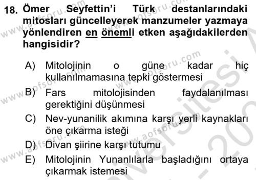 Türk Edebiyatının Mitolojik Kaynakları Dersi 2021 - 2022 Yılı (Final) Dönem Sonu Sınavı 18. Soru