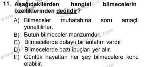 Türk Halk Şiiri Dersi 2012 - 2013 Yılı (Vize) Ara Sınavı 11. Soru