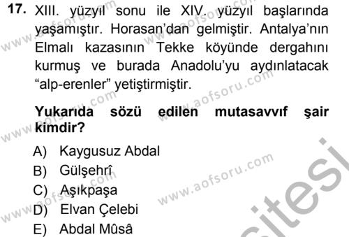 Türk Halk Şiiri Dersi 2012 - 2013 Yılı (Vize) Ara Sınavı 17. Soru