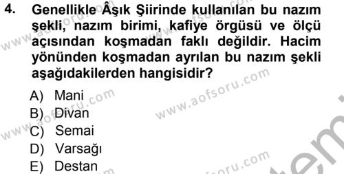 Türk Halk Şiiri Dersi 2012 - 2013 Yılı (Vize) Ara Sınavı 4. Soru