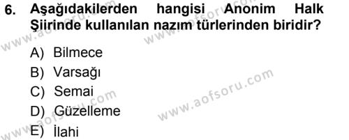 Türk Halk Şiiri Dersi 2012 - 2013 Yılı (Vize) Ara Sınavı 6. Soru
