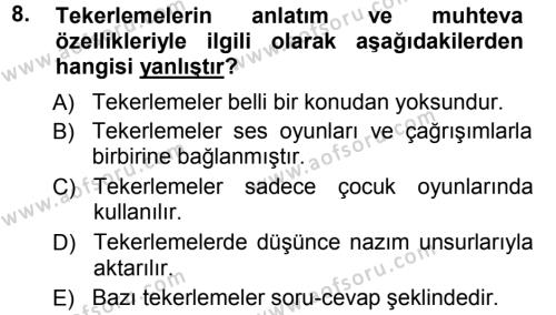 Türk Halk Şiiri Dersi 2012 - 2013 Yılı (Vize) Ara Sınavı 8. Soru