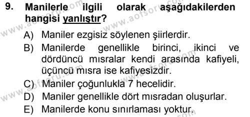 Türk Halk Şiiri Dersi 2012 - 2013 Yılı (Vize) Ara Sınavı 9. Soru