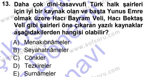 Türk Halk Şiiri Dersi 2012 - 2013 Yılı (Final) Dönem Sonu Sınavı 13. Soru