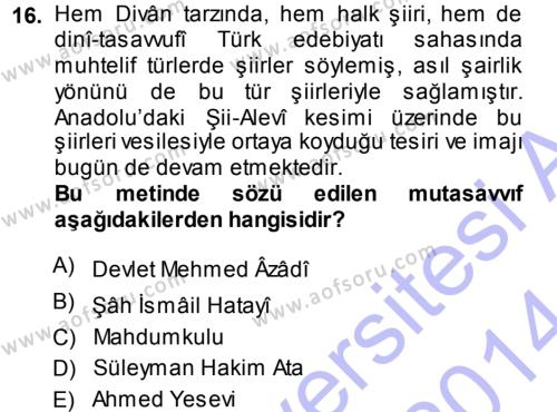 Türk Halk Şiiri Dersi 2013 - 2014 Yılı (Vize) Ara Sınavı 16. Soru
