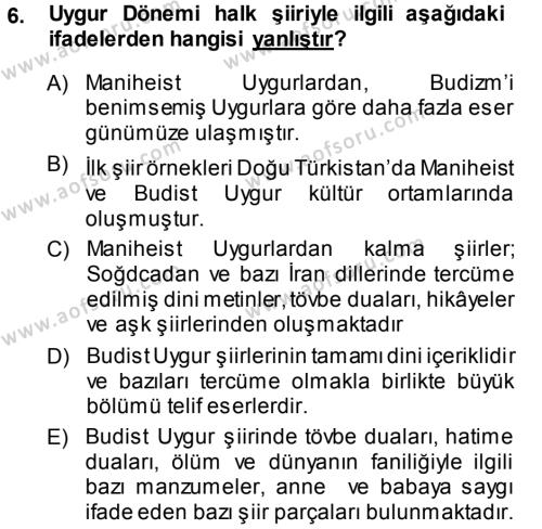 Türk Halk Şiiri Dersi 2013 - 2014 Yılı (Vize) Ara Sınavı 6. Soru