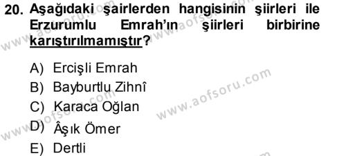 Türk Halk Şiiri Dersi 2013 - 2014 Yılı (Final) Dönem Sonu Sınavı 20. Soru