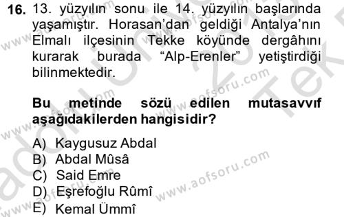 Türk Halk Şiiri Dersi 2013 - 2014 Yılı Tek Ders Sınavı 16. Soru