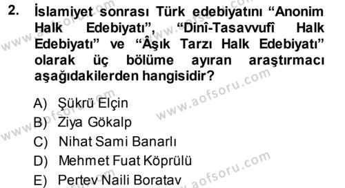 Türk Halk Şiiri Dersi 2013 - 2014 Yılı Tek Ders Sınavı 2. Soru