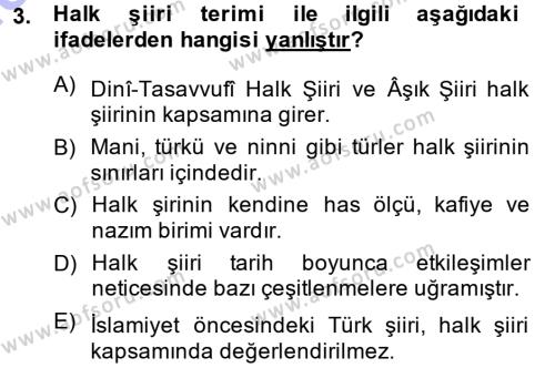 Türk Halk Şiiri Dersi 2014 - 2015 Yılı (Vize) Ara Sınavı 3. Soru