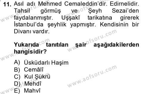 Türk Halk Şiiri Dersi 2014 - 2015 Yılı (Final) Dönem Sonu Sınavı 11. Soru