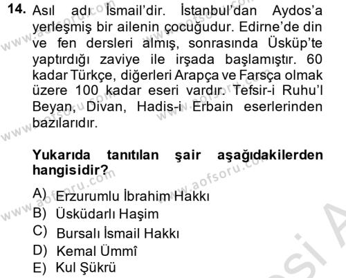 Türk Halk Şiiri Dersi 2014 - 2015 Yılı Tek Ders Sınavı 14. Soru