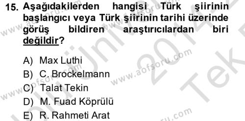 Türk Halk Şiiri Dersi 2014 - 2015 Yılı Tek Ders Sınavı 15. Soru