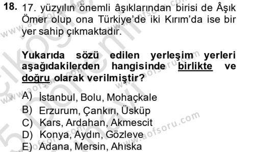 Türk Halk Şiiri Dersi 2014 - 2015 Yılı Tek Ders Sınavı 18. Soru