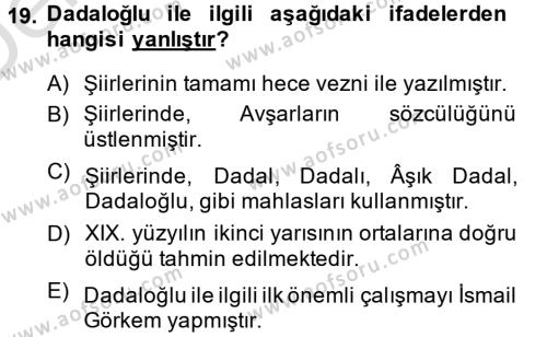 Türk Halk Şiiri Dersi 2014 - 2015 Yılı Tek Ders Sınavı 19. Soru