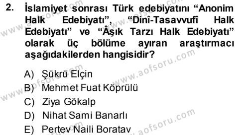 Türk Halk Şiiri Dersi 2014 - 2015 Yılı Tek Ders Sınavı 2. Soru