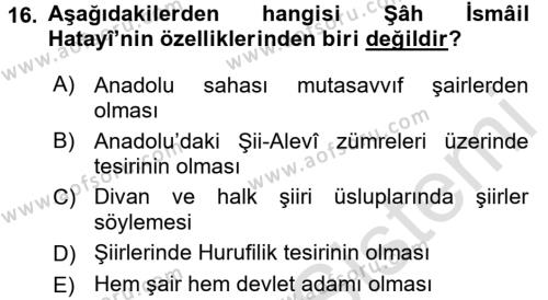 Türk Halk Şiiri Dersi 2017 - 2018 Yılı (Vize) Ara Sınavı 16. Soru