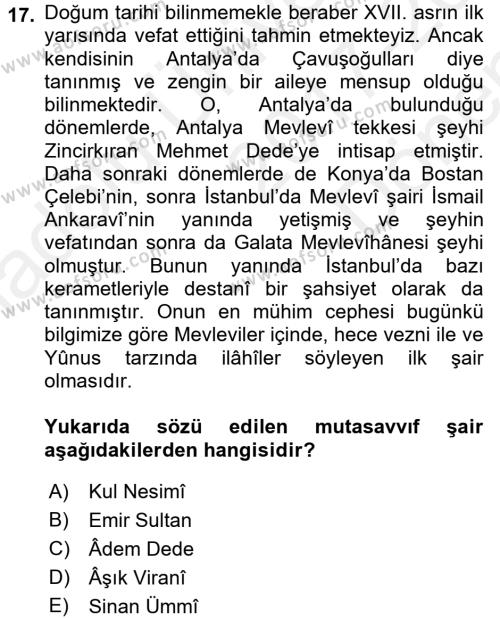 Türk Halk Şiiri Dersi 2017 - 2018 Yılı (Final) Dönem Sonu Sınavı 17. Soru