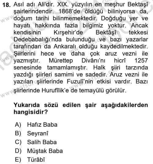 Türk Halk Şiiri Dersi 2019 - 2020 Yılı (Final) Dönem Sonu Sınavı 18. Soru