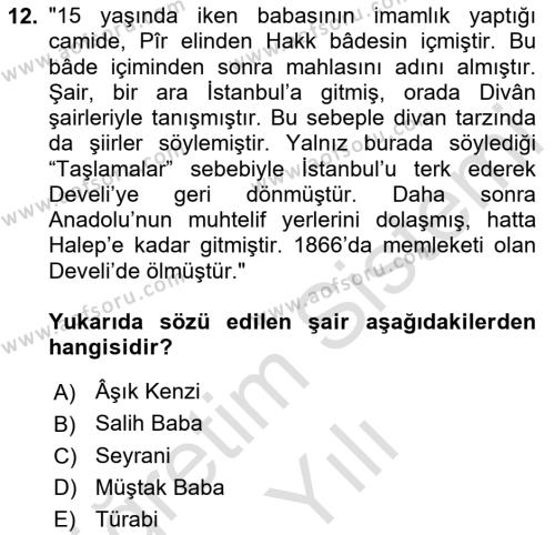 Türk Halk Şiiri Dersi 2020 - 2021 Yılı Yaz Okulu Sınavı 12. Soru