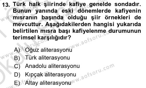 Türk Halk Şiiri Dersi 2020 - 2021 Yılı Yaz Okulu Sınavı 13. Soru