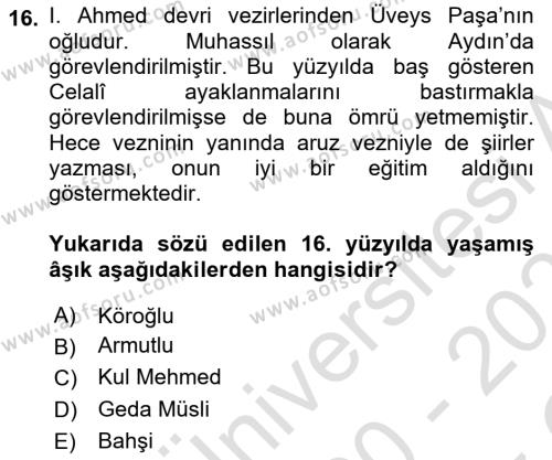 Türk Halk Şiiri Dersi 2020 - 2021 Yılı Yaz Okulu Sınavı 16. Soru